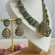 Traditional Ethnic Cultural Indian Cubic zirconia and Mossanite Necklace set | Emerald green and gold plated