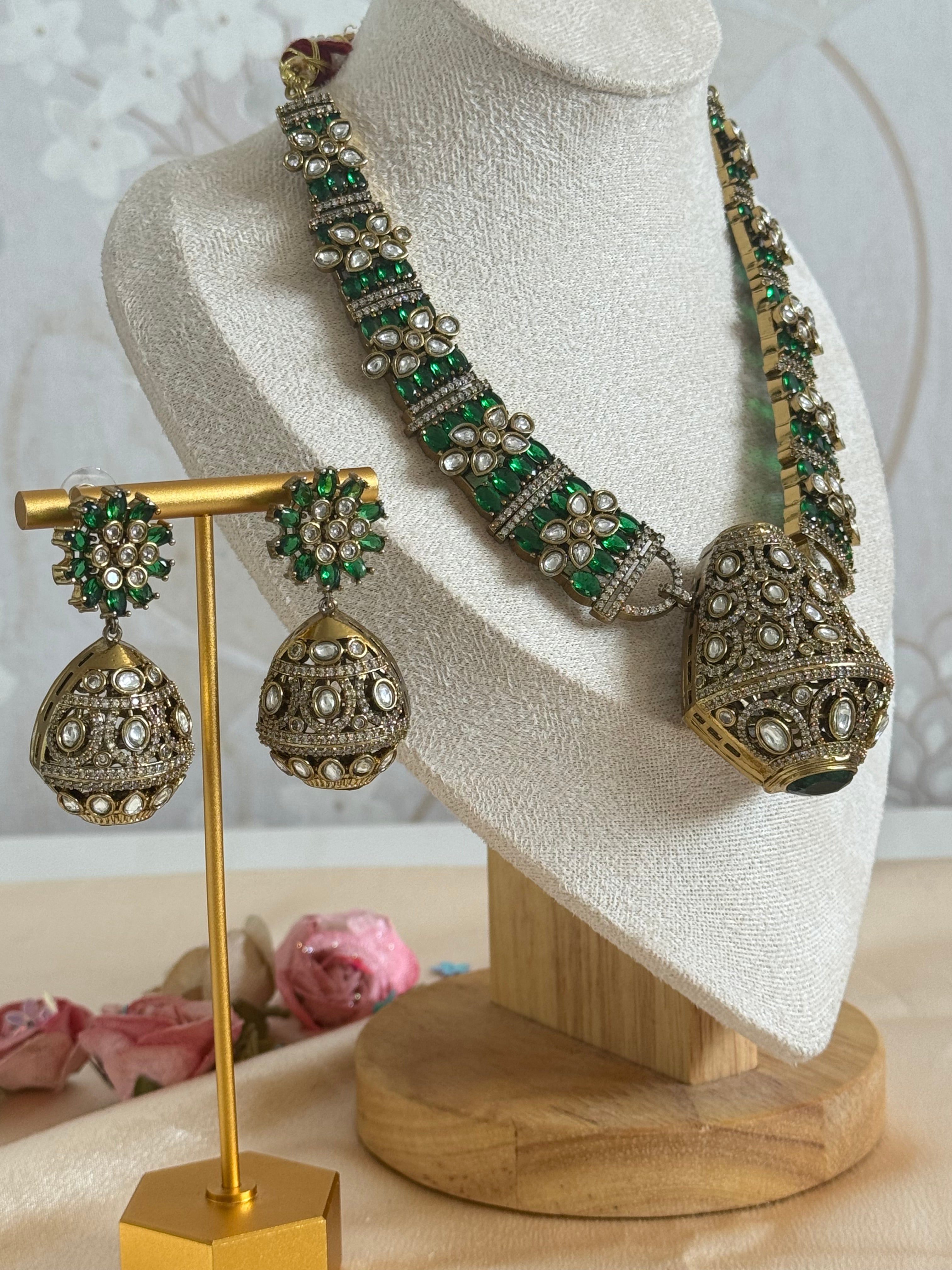 Traditional Ethnic Cultural Indian Cubic zirconia and Mossanite Necklace set | Emerald green and gold plated