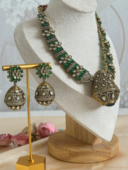 Traditional Ethnic Cultural Indian Cubic zirconia and Mossanite Necklace set | Emerald green and gold plated
