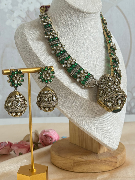 Traditional Ethnic Cultural Indian Cubic zirconia and Mossanite Necklace set | Emerald green and gold plated
