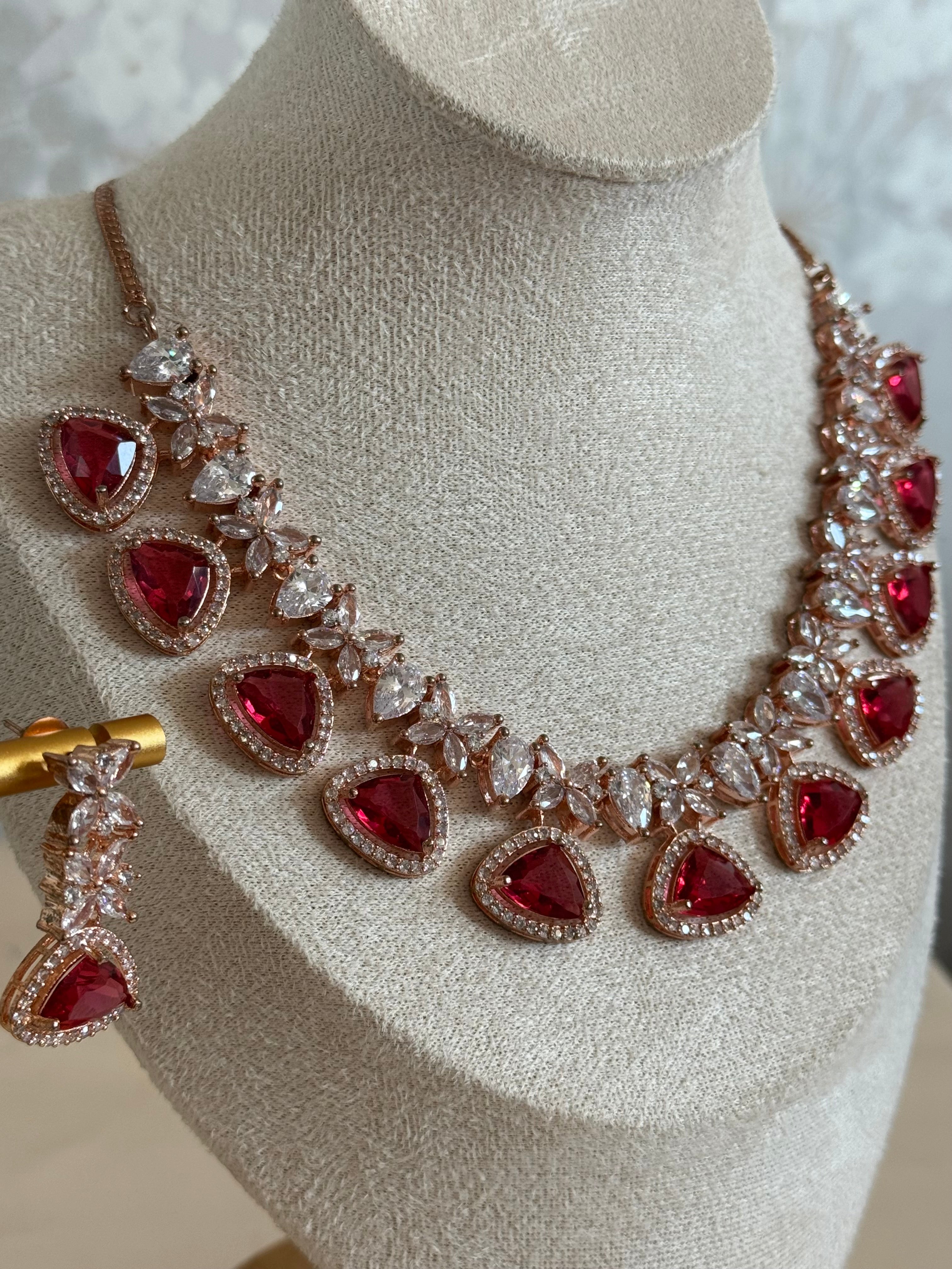 Cubic Zirconia Necklace set : Rose gold| ruby red, rama green, emerald green