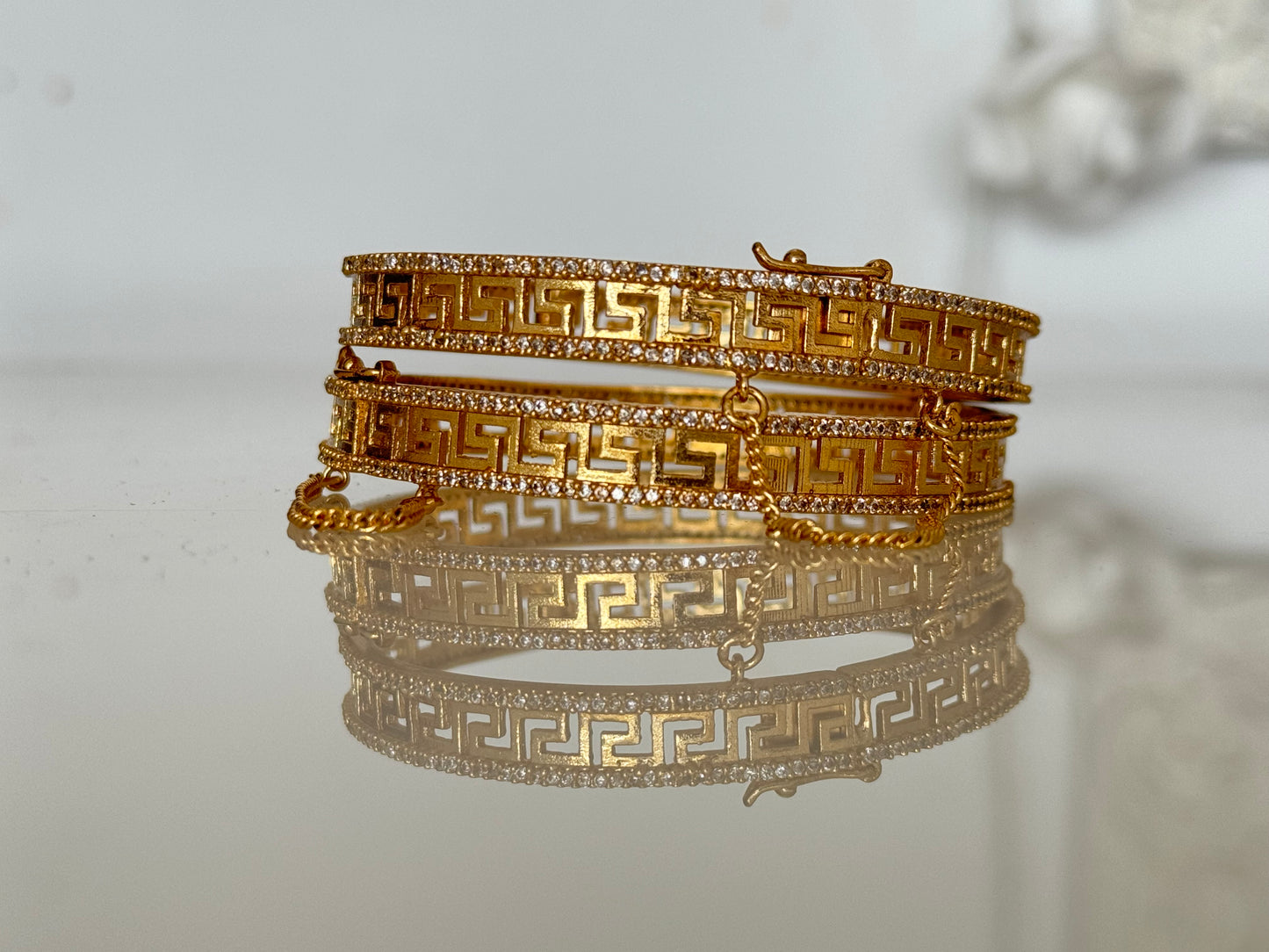 Versace inspired bangle pair, gold plated, openable bangles