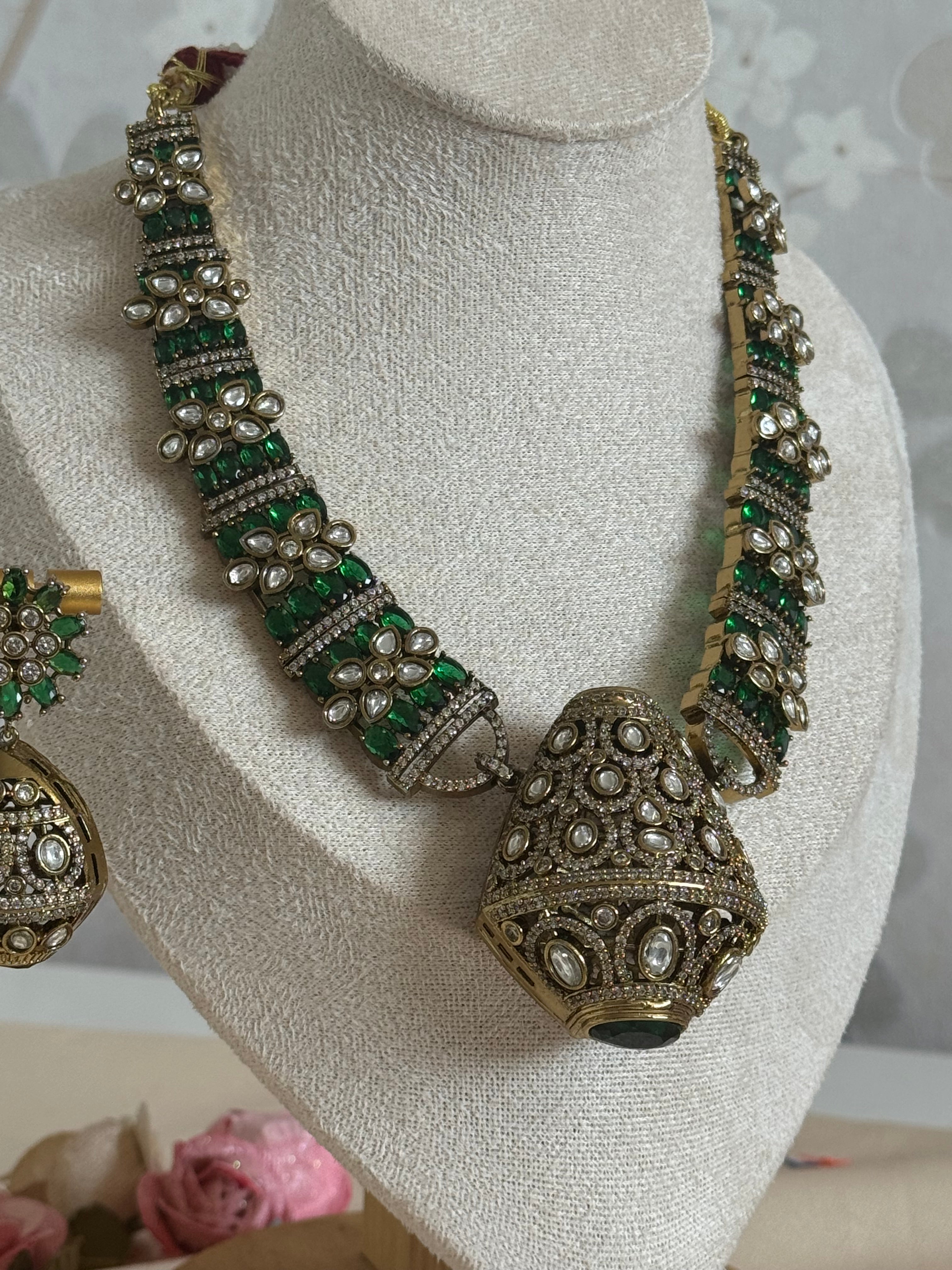 Traditional Ethnic Cultural Indian Cubic zirconia and Mossanite Necklace set | Emerald green and gold plated
