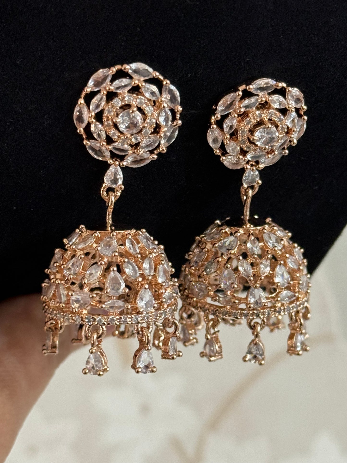 Indian Jhumka with tikka, American Diamond jhumka, gold plated cubic zirconia jhumka with tikka