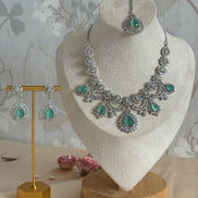 Engagement Indian Necklace Set with Cubic Zirconia stones | mint and silver