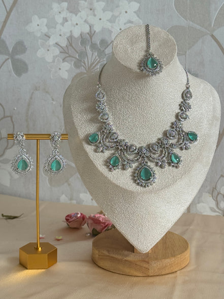 Engagement Indian Necklace Set with Cubic Zirconia stones | mint and silver