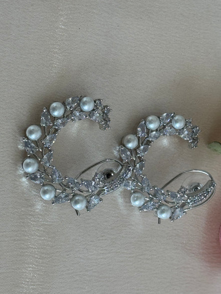 Cubic Zirconia Loop Earrings | Pearl and Silver plated
