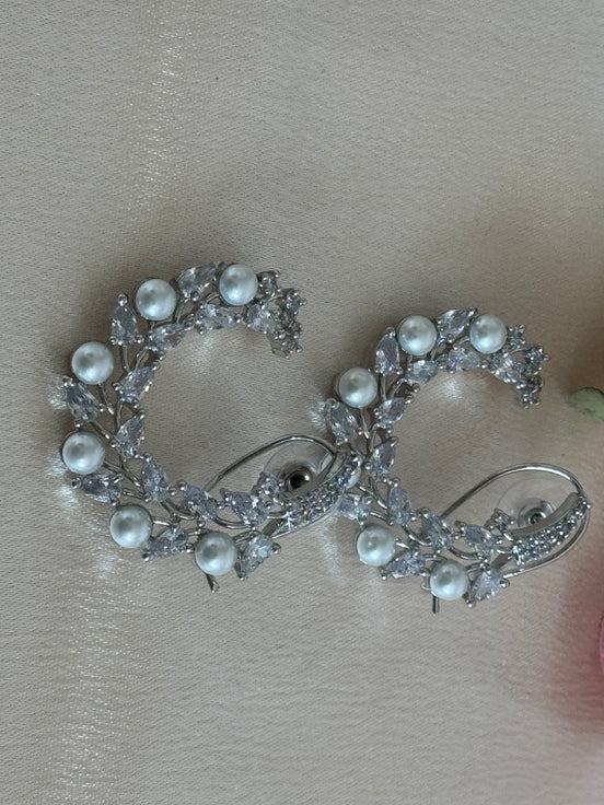 Cubic Zirconia Loop Earrings | Pearl and Silver plated