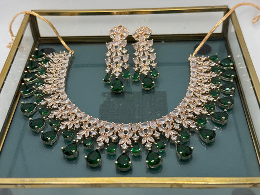 American Diamond Indian Necklace Set with green stones