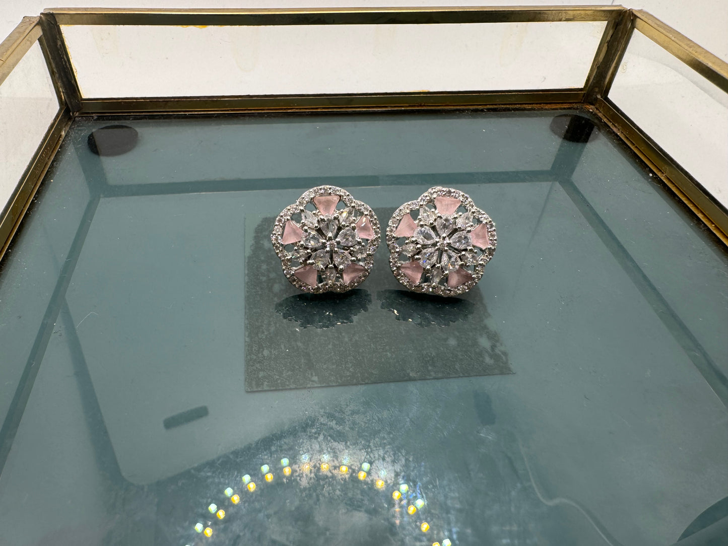 American Diamond Studs, floral silver, pink