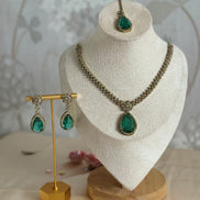 Sleek Modern Cubic Zirconia Indian Necklace set| Rama green