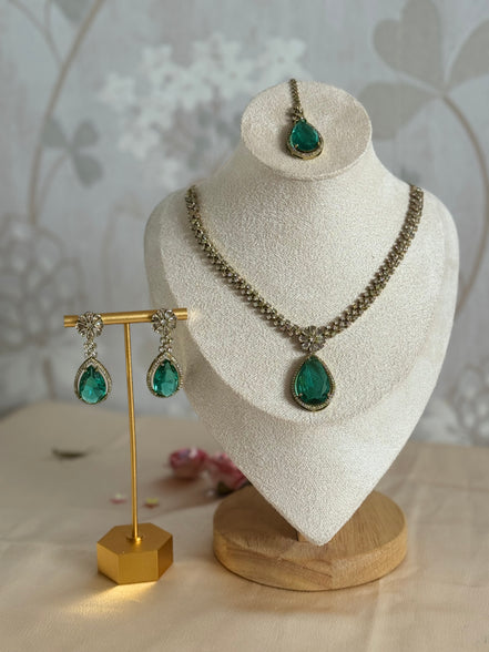 Sleek Modern Cubic Zirconia Indian Necklace set| Rama green