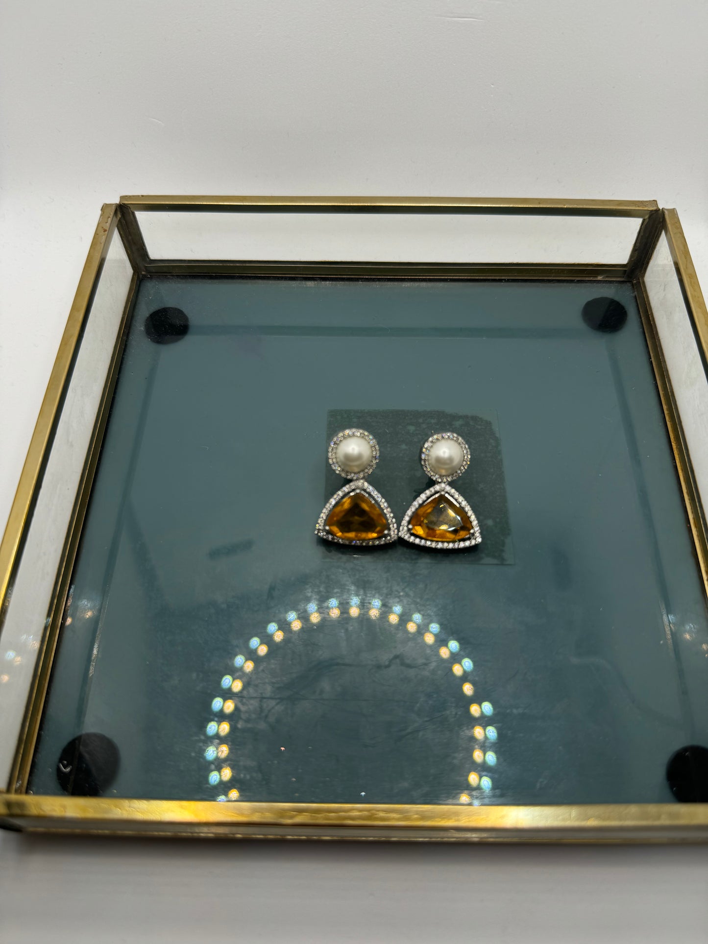 Pearl and Yellow Glass Stone American Diamond Studs