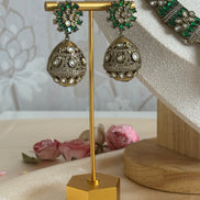 Traditional Ethnic Cultural Indian Cubic zirconia and Mossanite Necklace set | Emerald green and gold plated