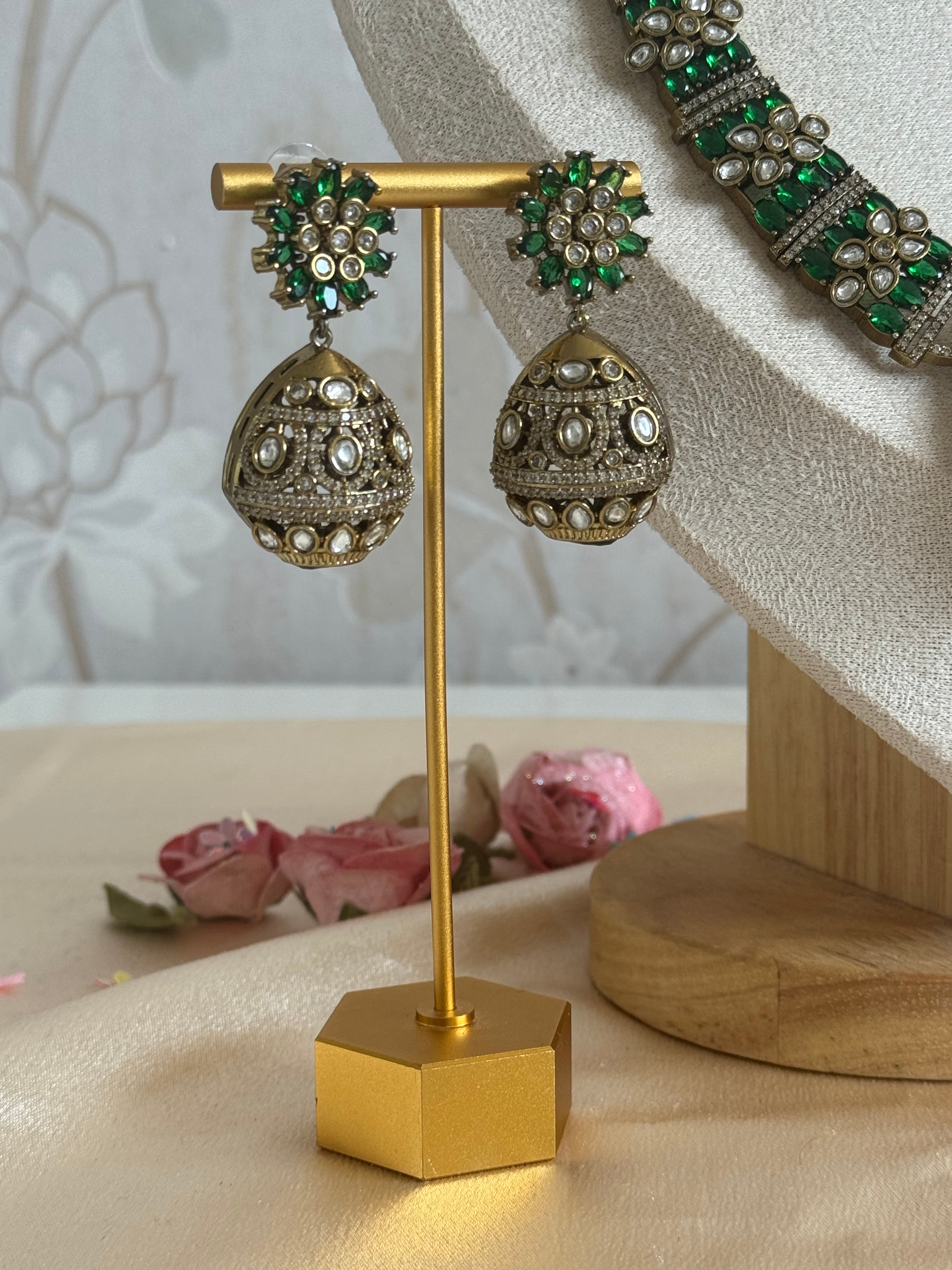 Traditional Ethnic Cultural Indian Cubic zirconia and Mossanite Necklace set | Emerald green and gold plated