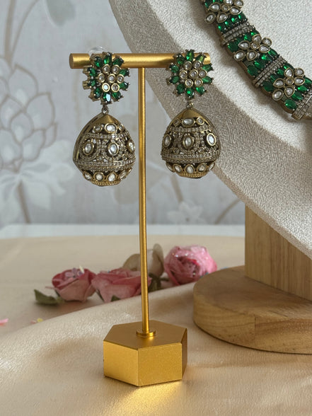 Traditional Ethnic Cultural Indian Cubic zirconia and Mossanite Necklace set | Emerald green and gold plated