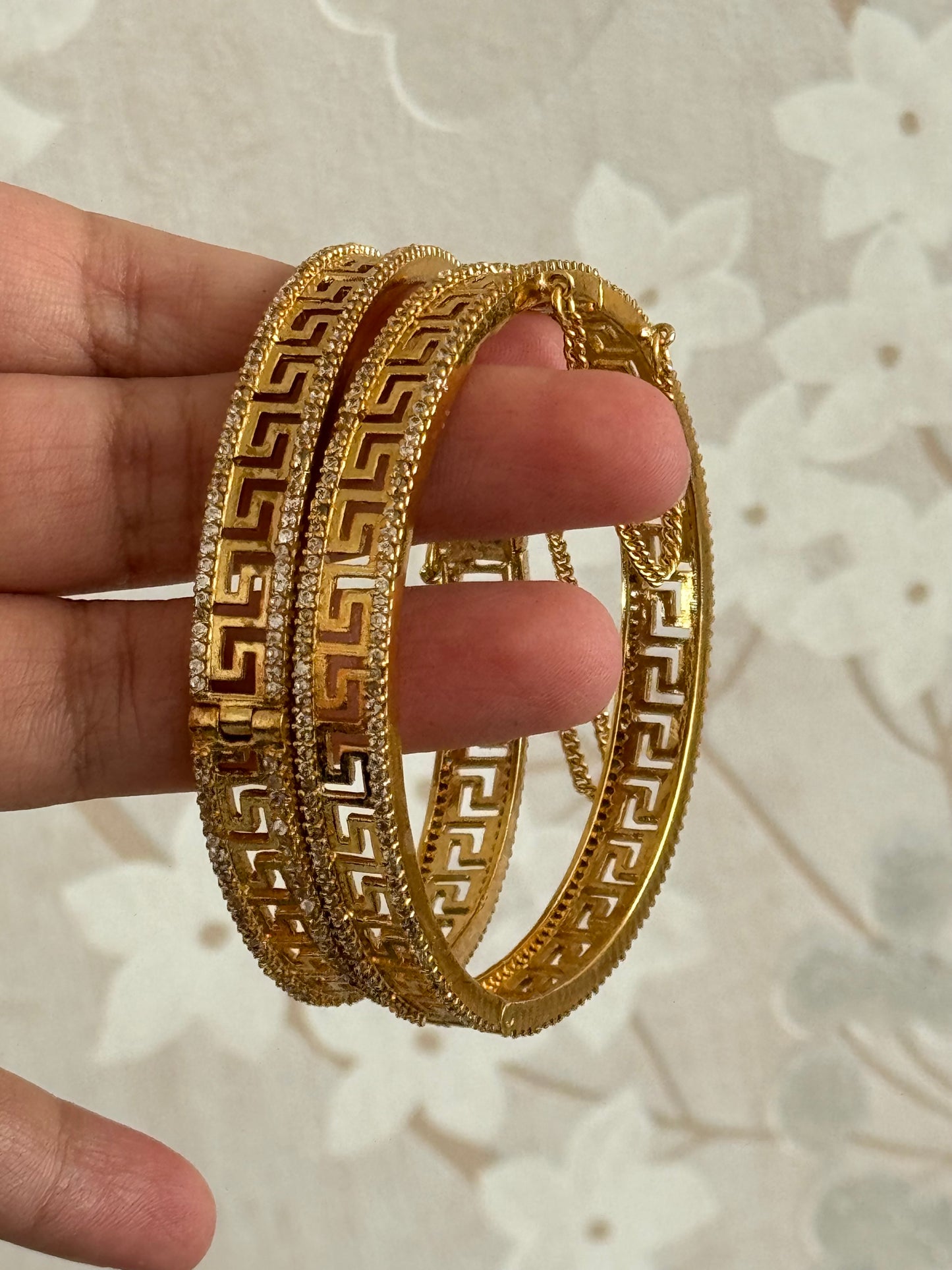 Versace inspired bangle pair, gold plated, openable bangles