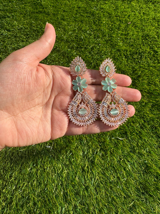 Green and Rose Gold Long Dangler Earrings