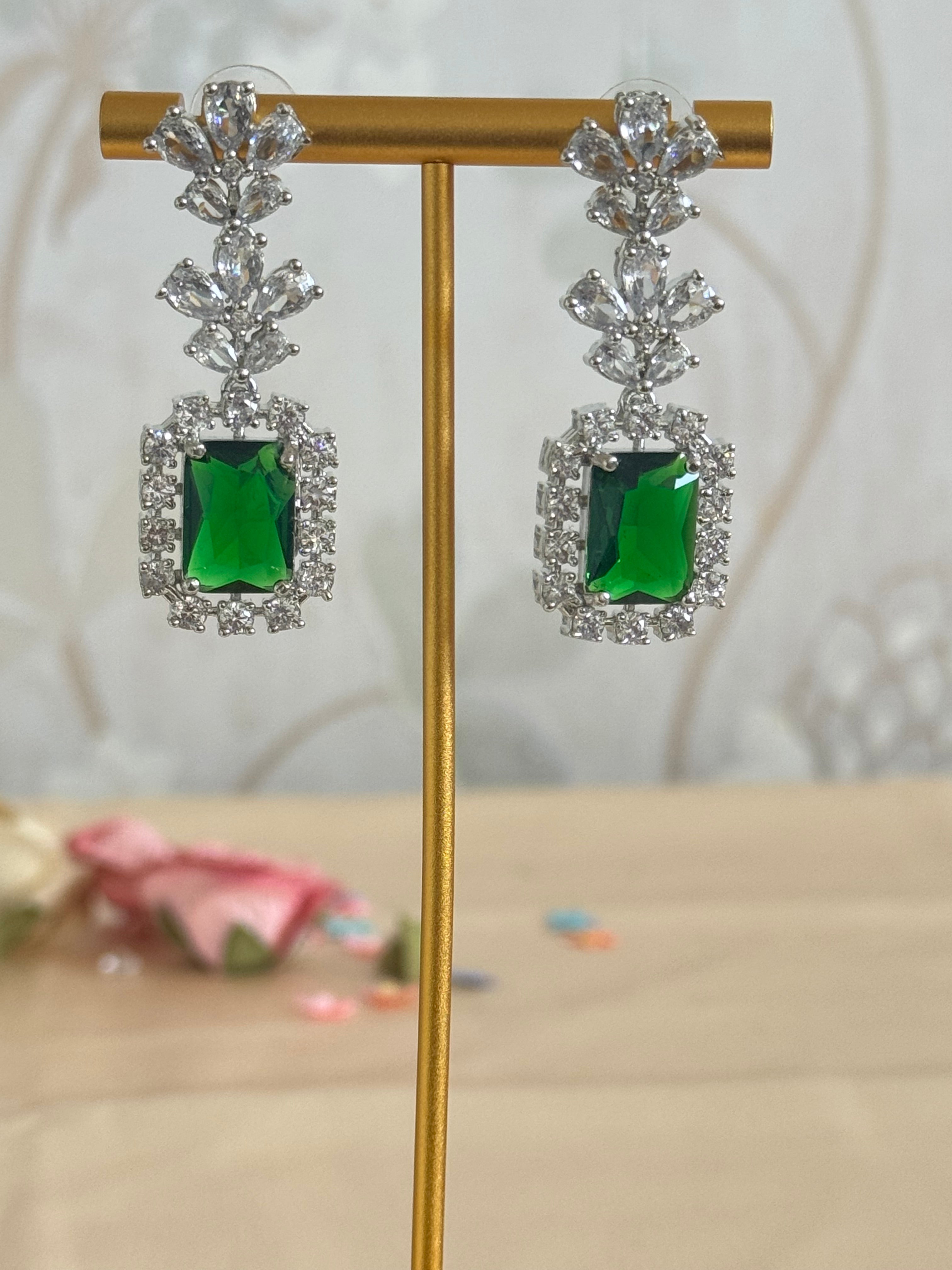 Cubic Zirconia Earrings | Emerald green and silver