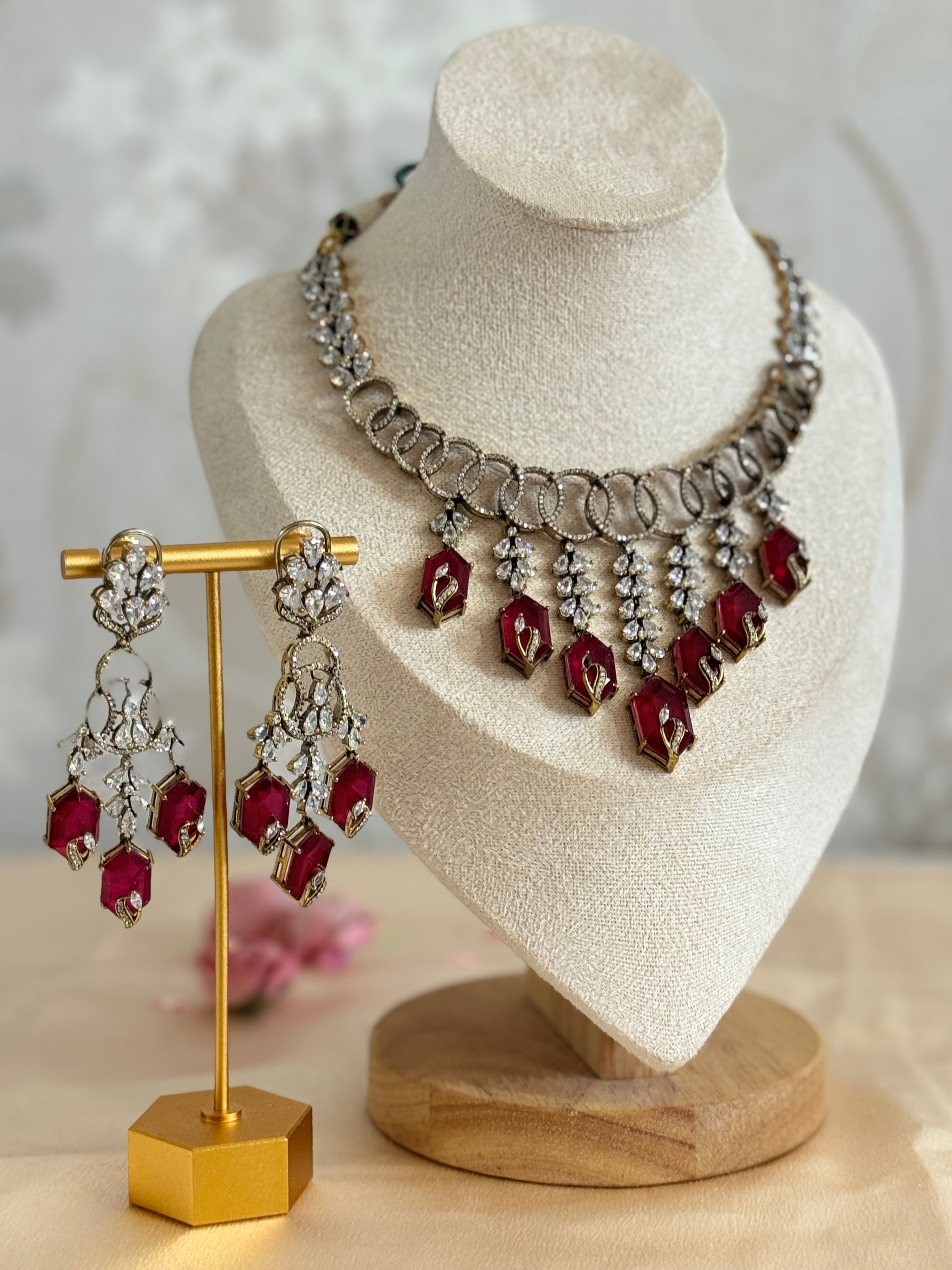 Premium Cubic Zirconia and Ruby Necklace set| Traditional Indian Luxury Necklace set