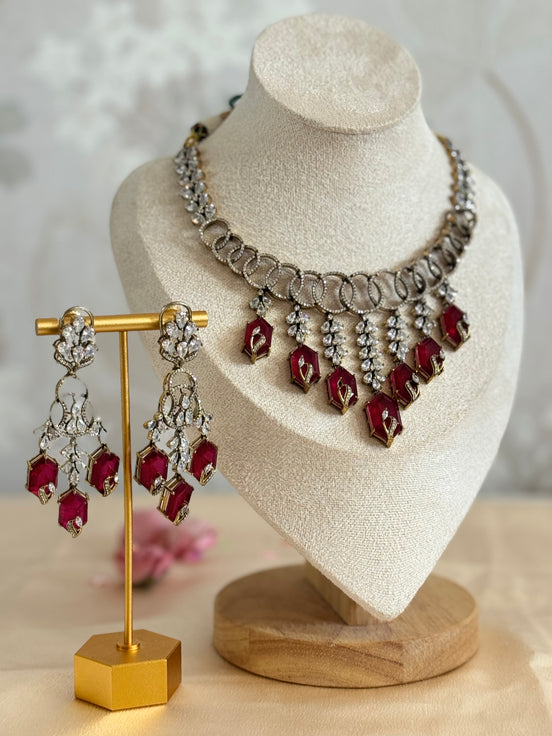 Premium Cubic Zirconia and Ruby Necklace set| Traditional Indian Luxury Necklace set