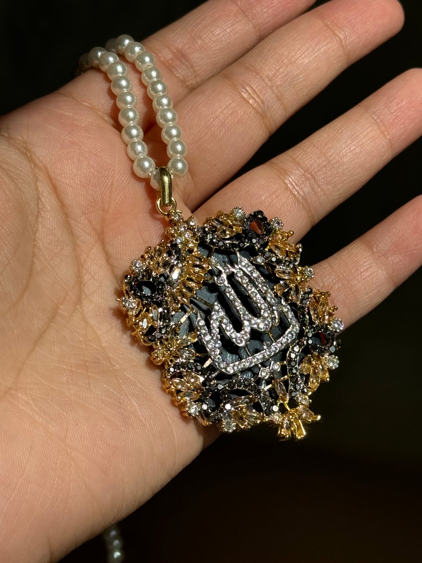 Islamic Calligraphy jewellery- Allah pearl maala in black color and cubic zirconia stones