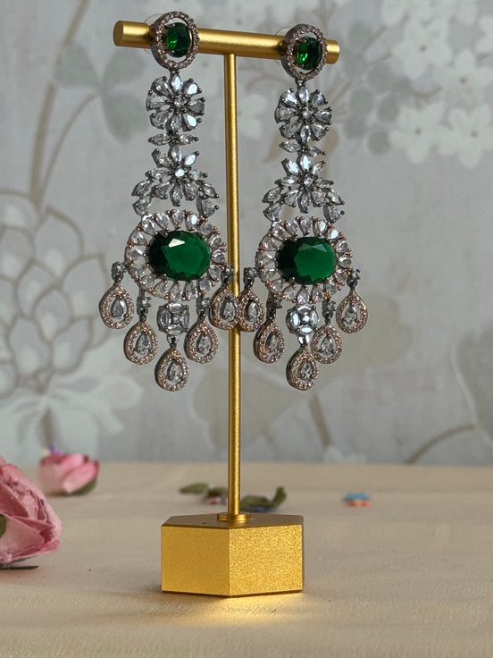Cubic Zirconia Earrings | Emerald Green, oxidised polish