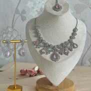 Engagement Bride, South asian cubic zirconia Necklace set | silver and pink