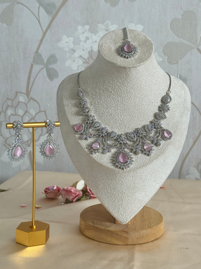 Engagement Bride, South asian cubic zirconia Necklace set | silver and pink