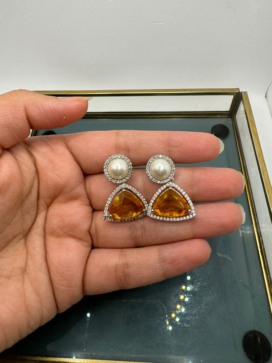 Pearl and Yellow Glass Stone American Diamond Studs