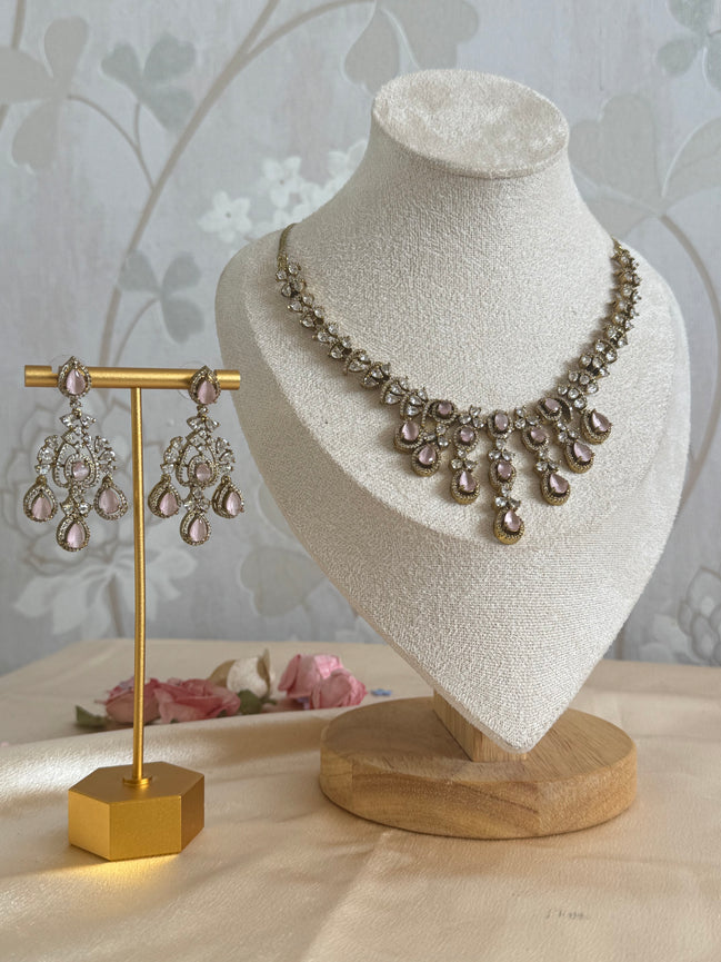 Indian cubic zirconia Necklace set in oxidised gold polish | pink and gold