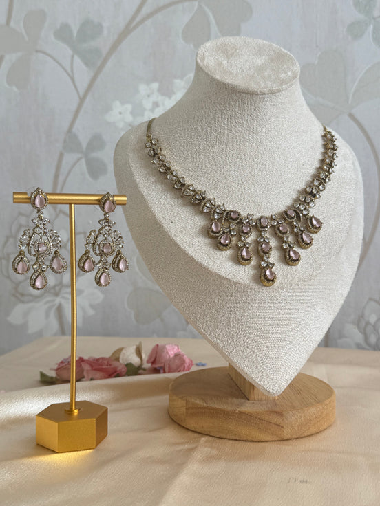 Indian cubic zirconia Necklace set in oxidised gold polish | pink and gold