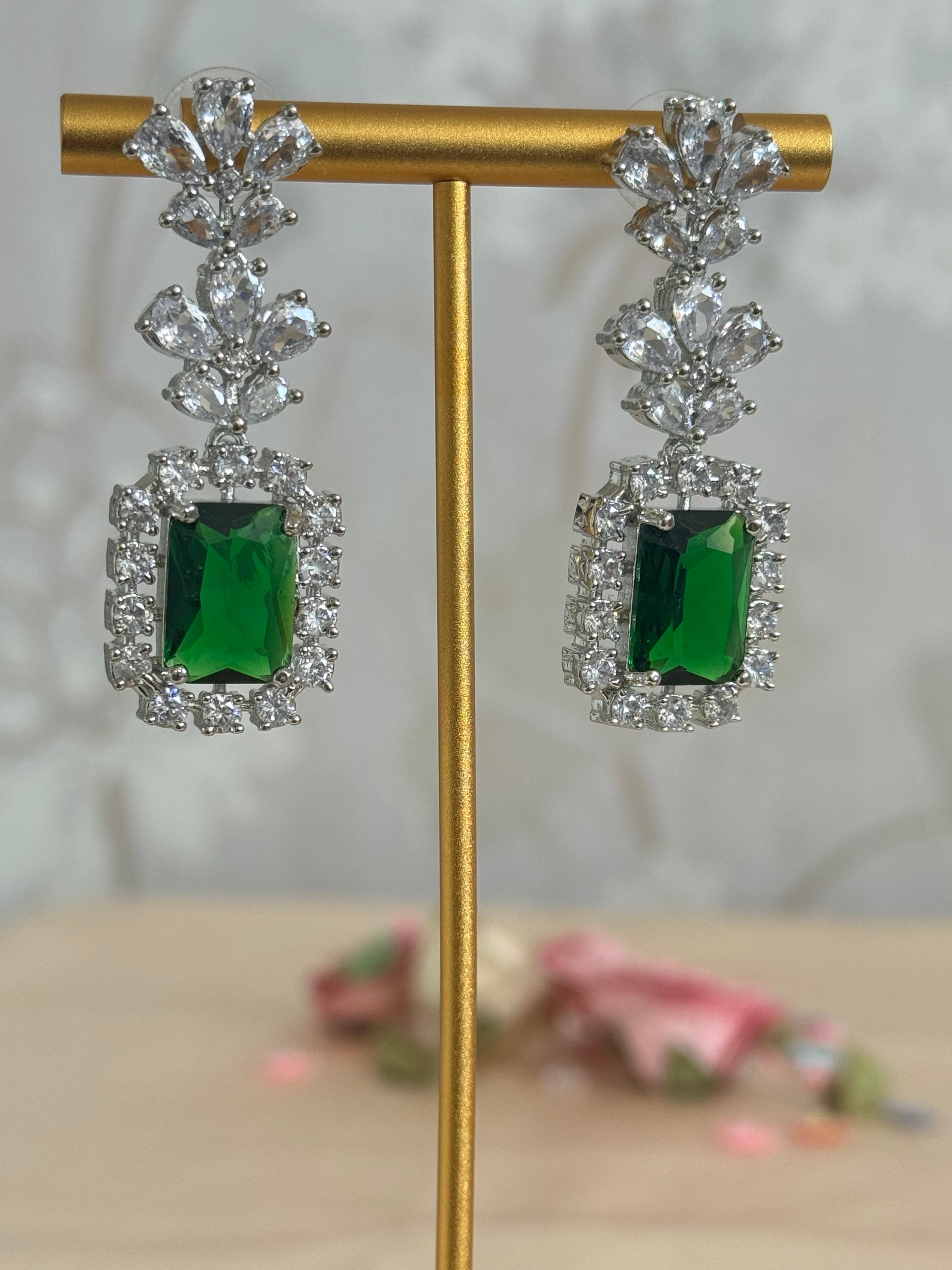 Cubic Zirconia Earrings | Emerald green and silver