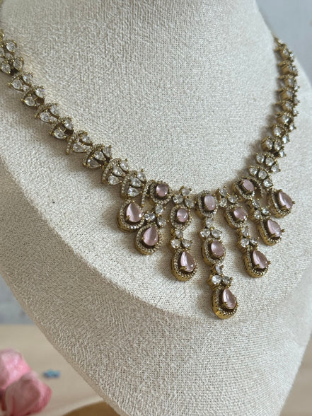 Indian cubic zirconia Necklace set in oxidised gold polish | pink and gold