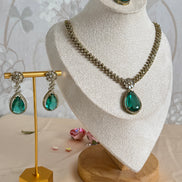 Sleek Modern Cubic Zirconia Indian Necklace set| Rama green