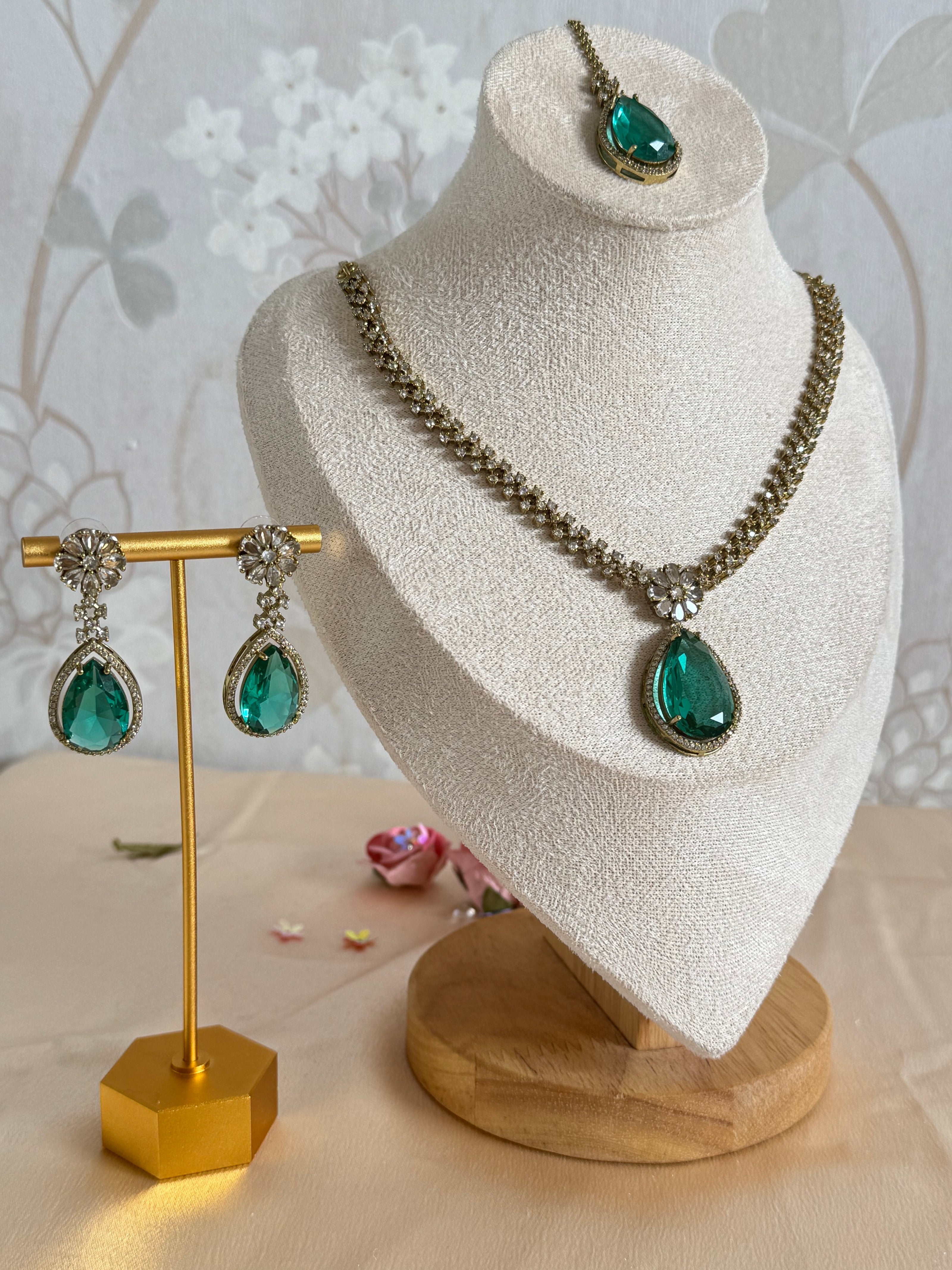 Sleek Modern Cubic Zirconia Indian Necklace set| Rama green
