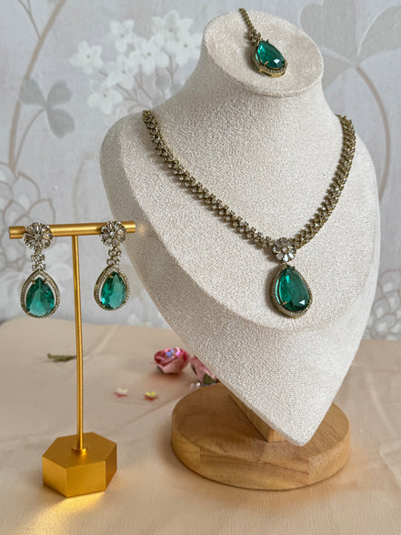 Sleek Modern Cubic Zirconia Indian Necklace set| Rama green
