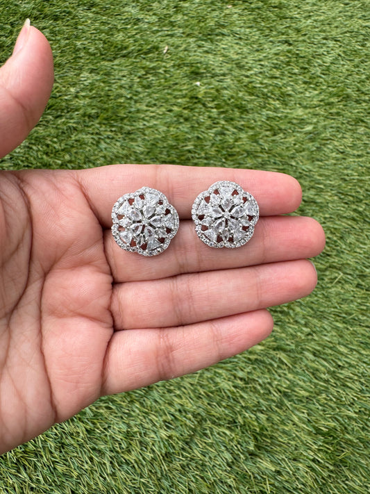 American Diamond Studs, floral silver, pink