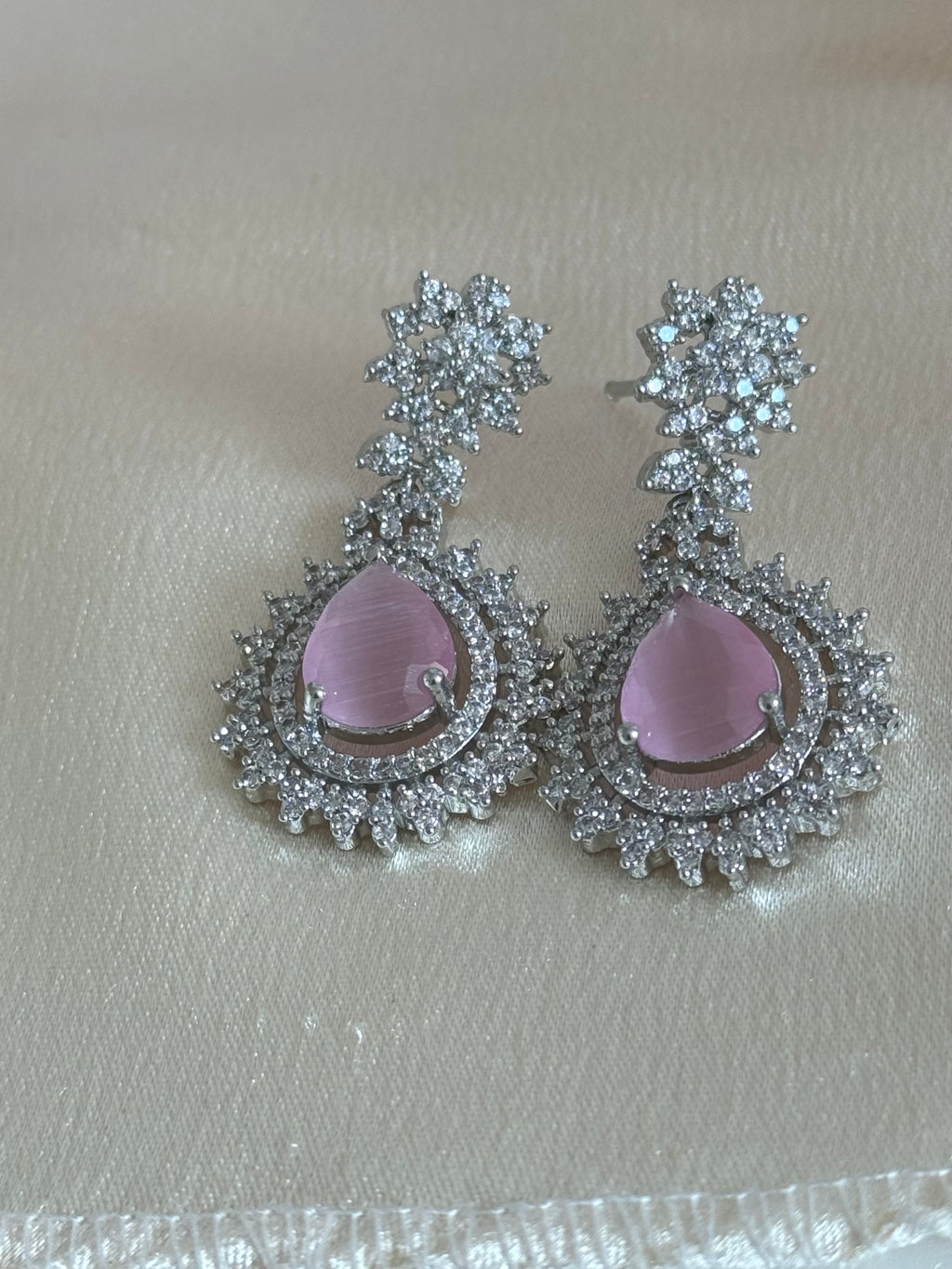 Engagement Bride, South asian cubic zirconia Necklace set | silver and pink