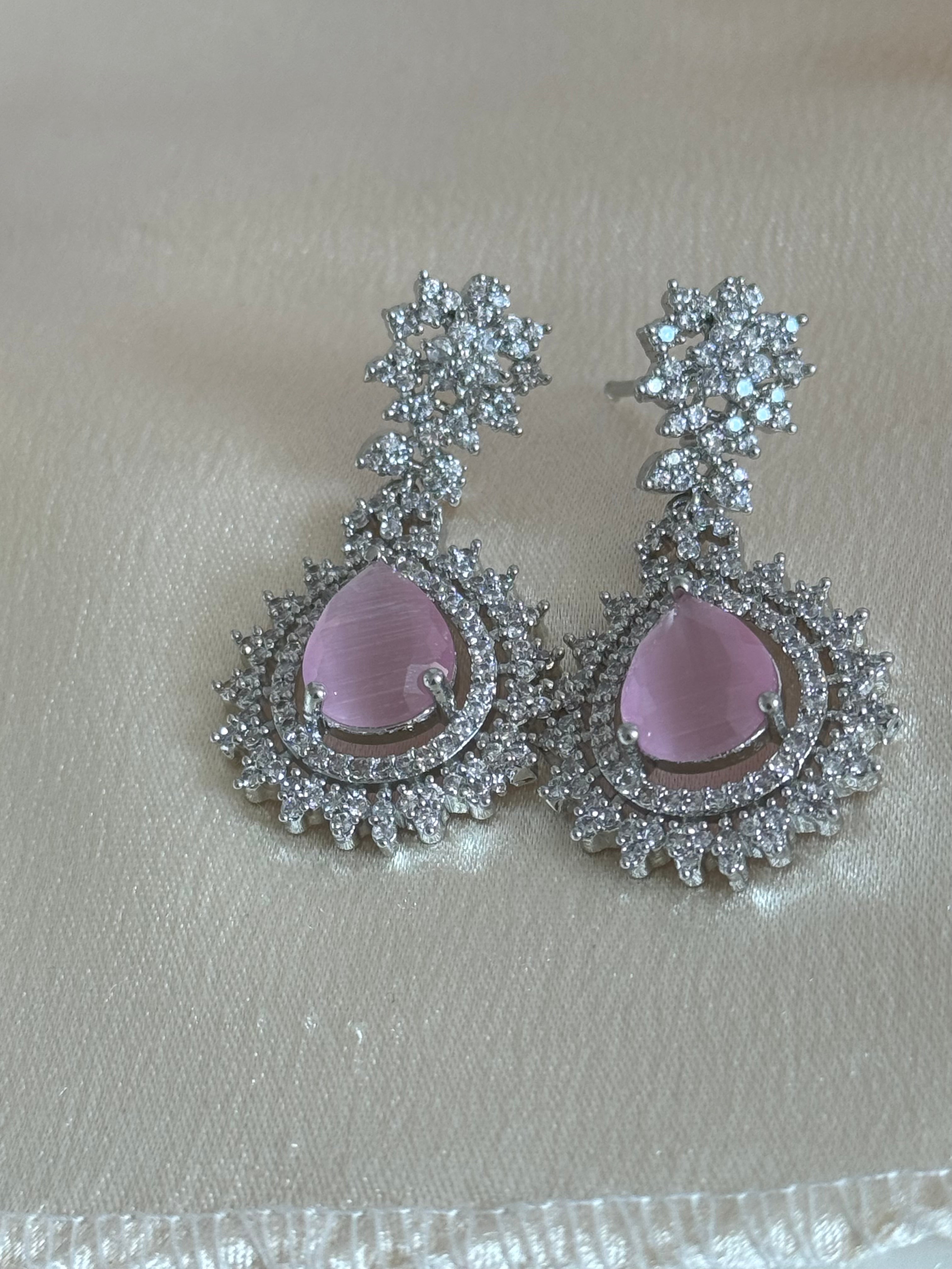 Engagement Bride, South asian cubic zirconia Necklace set | silver and pink