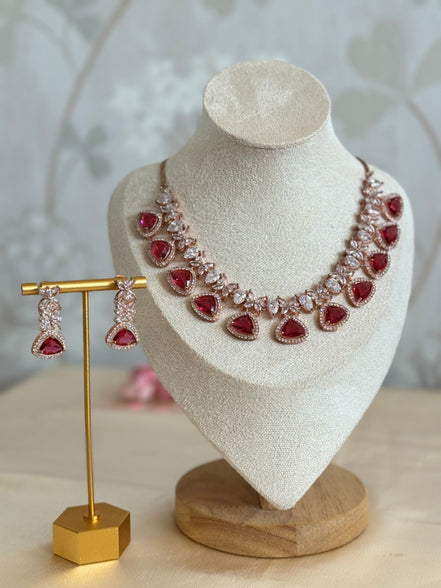 Cubic Zirconia Necklace set : Rose gold| ruby red, rama green, emerald green