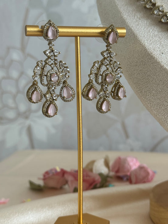 Indian cubic zirconia Necklace set in oxidised gold polish | pink and gold