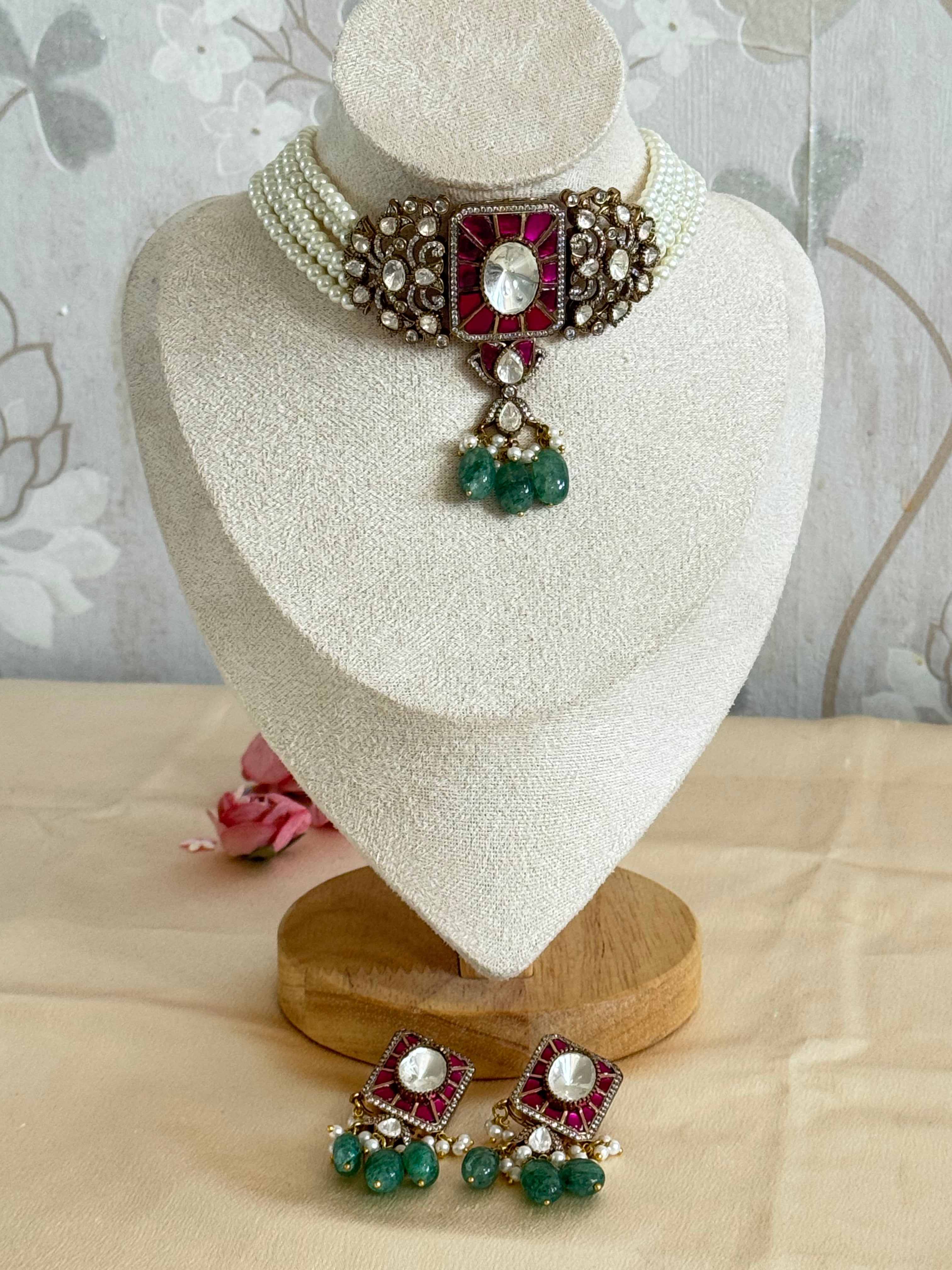 Moissanite and pearl choker set| Traditional indian choker set