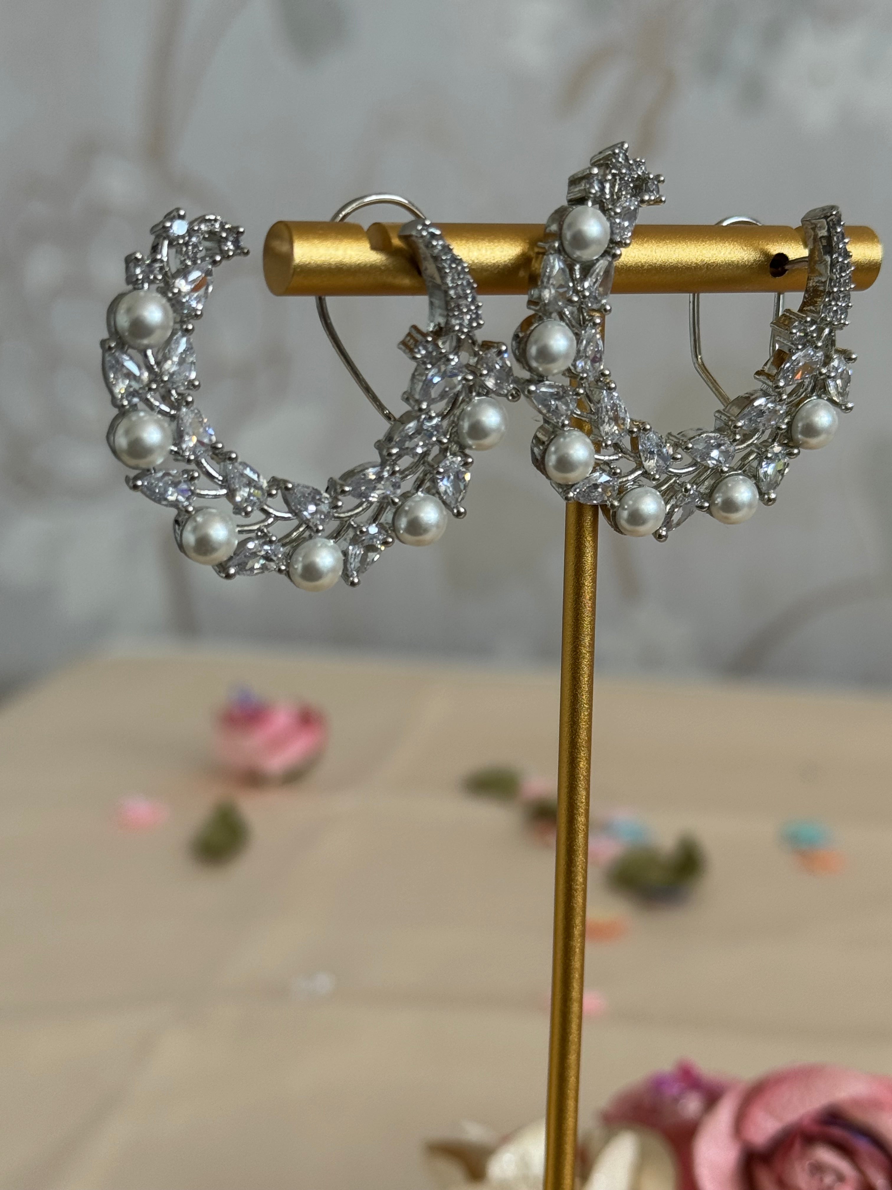 Cubic Zirconia Loop Earrings | Pearl and Silver plated