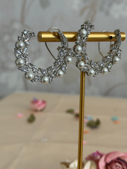 Cubic Zirconia Loop Earrings | Pearl and Silver plated