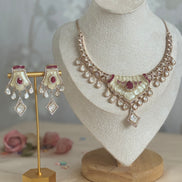 Mossainite Cubic Zirconia Necklace Set | Traditional South Asian Festive Necklace and earrings