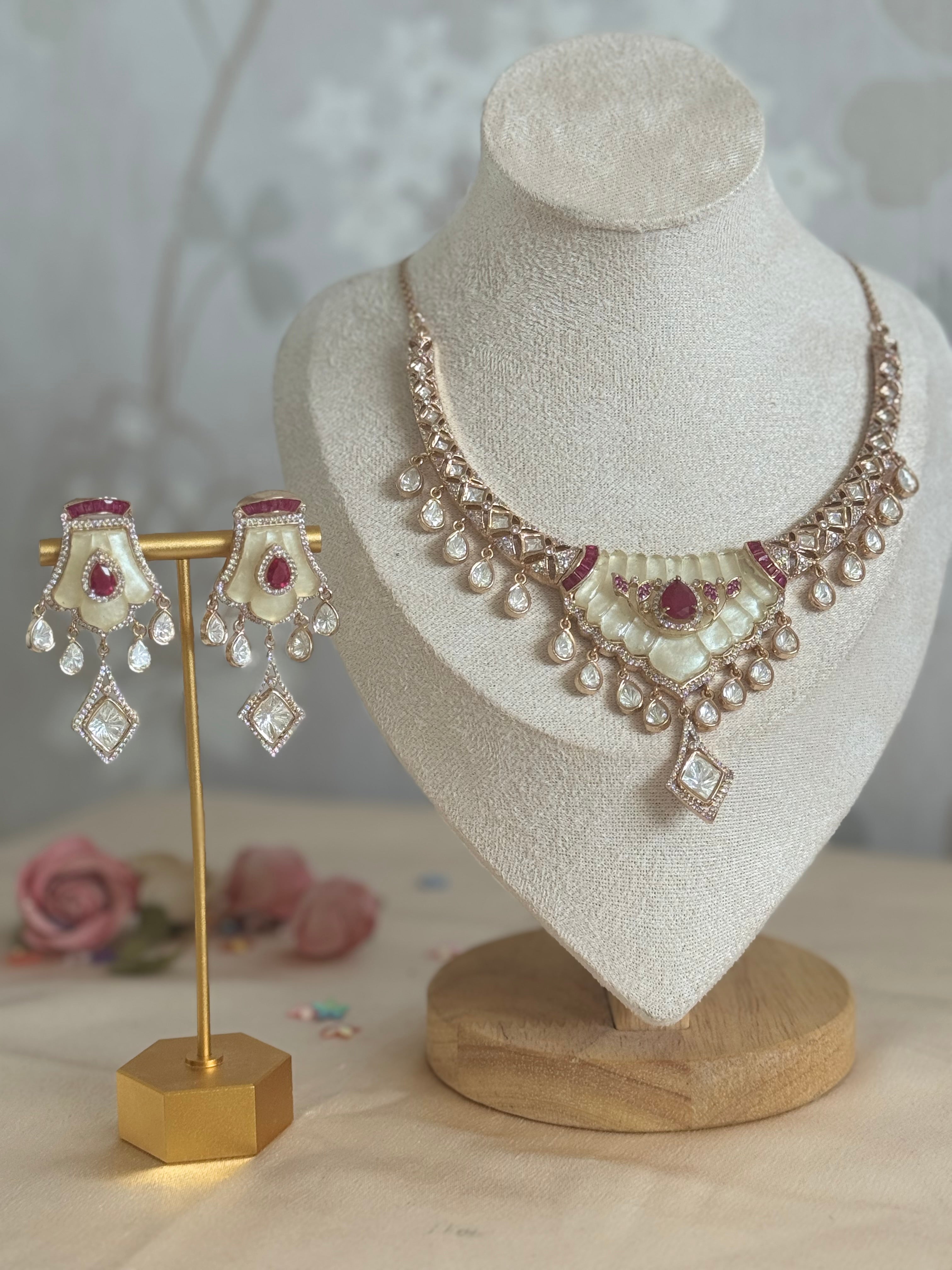Mossainite Cubic Zirconia Necklace Set | Traditional South Asian Festive Necklace and earrings