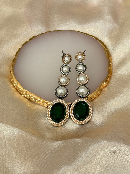 American Diamond and Pearl Earrings in Green