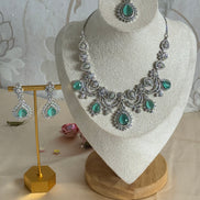 Engagement Indian Necklace Set with Cubic Zirconia stones | mint and silver
