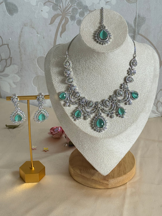 Engagement Indian Necklace Set with Cubic Zirconia stones | mint and silver